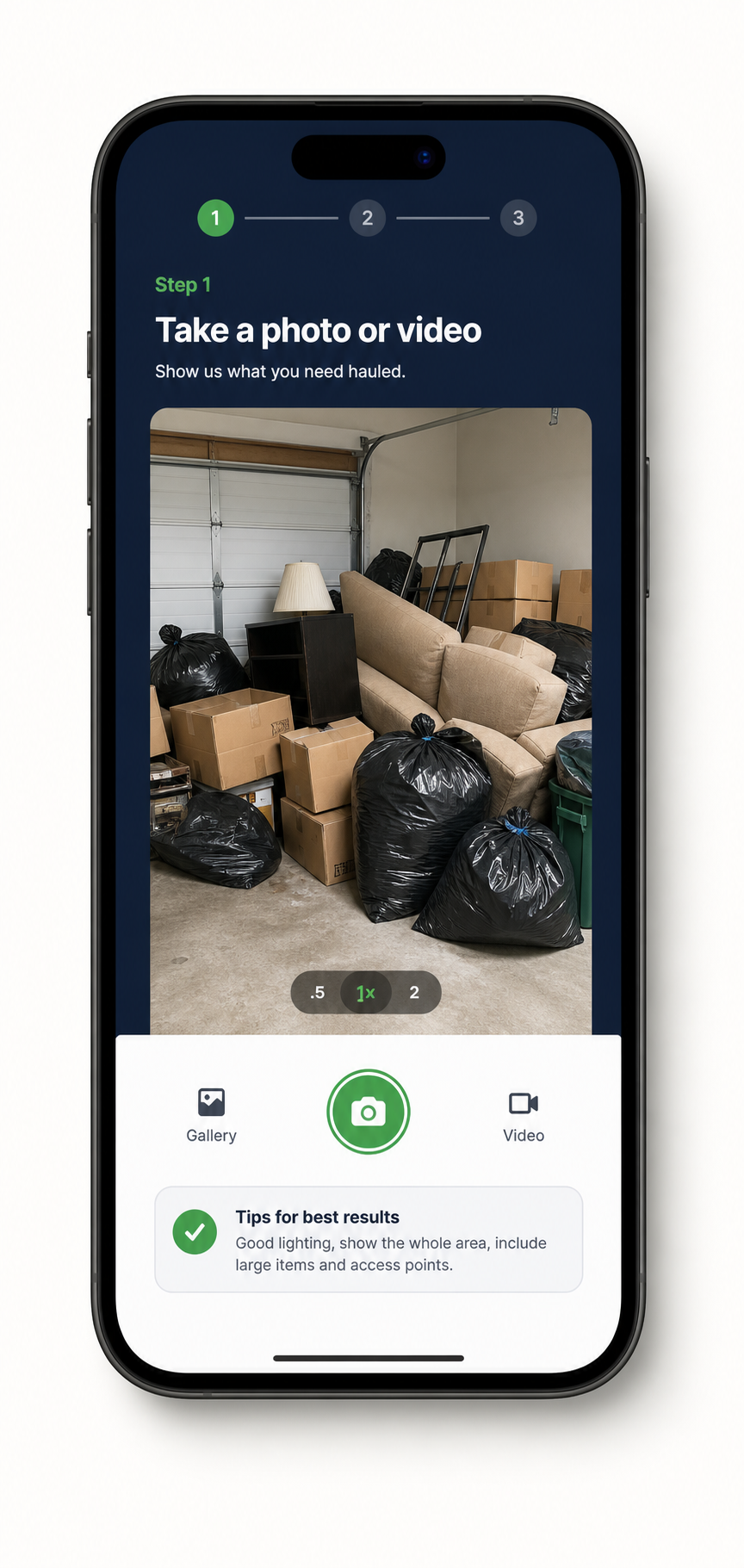 Price Lock app screen showing a junk removal photo upload