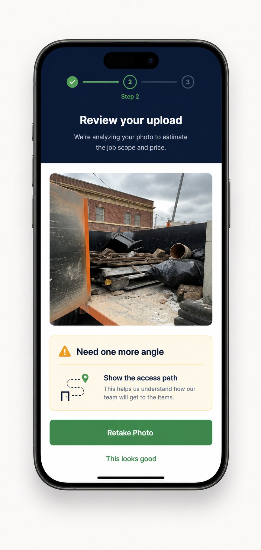 Price Lock app screen asking for another angle
