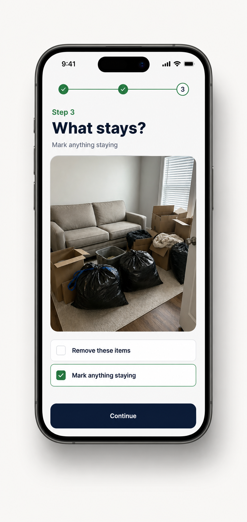 Price Lock app screen asking what stays and what goes