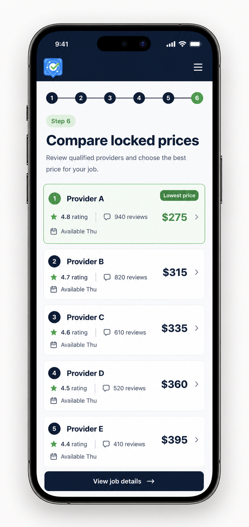 Price Lock app screen showing locked provider prices, reviews, and availability