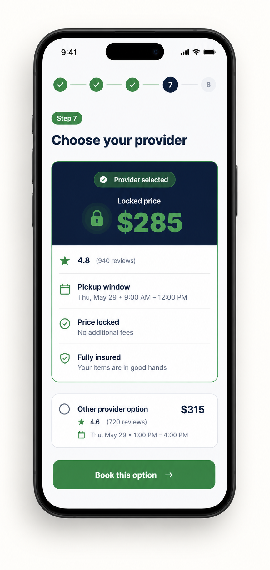 Price Lock app screen showing a selected provider and locked price